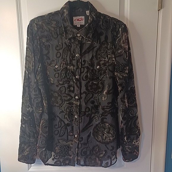 Roper Tops - Roper Long Sleeve Velvet Sheer Blouse